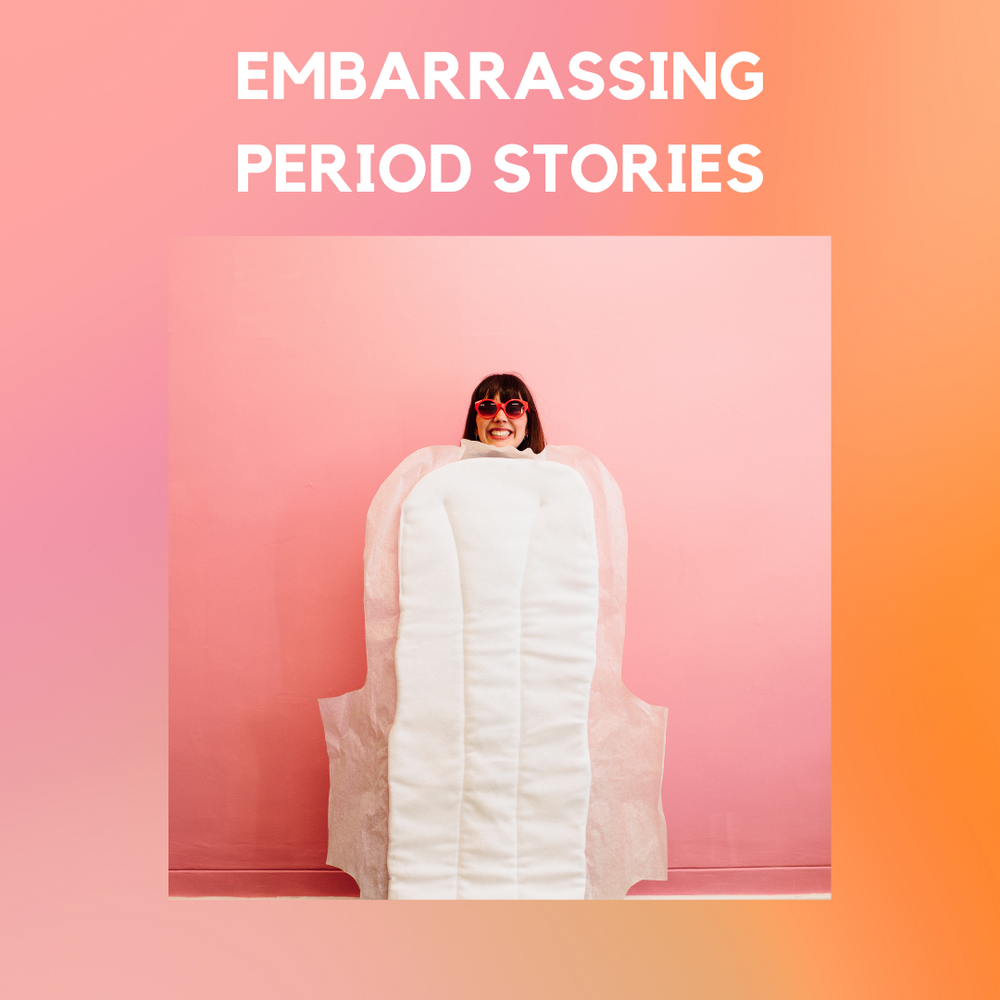 Woman holding giant pad, discussing the worst period horror stories.